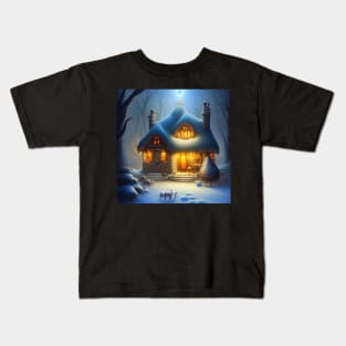 Magical Fantasy Cottage with Lights In A Snowy Scene, Scenery Nature Kids T-Shirt